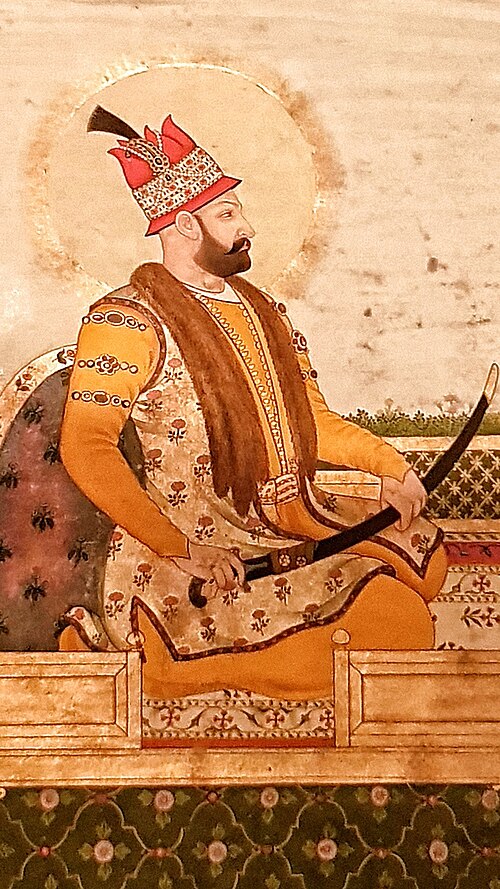 Painting of a nimbate Nader Shah in the Red Fort as a Mughal emperor. Delhi, c. 1739