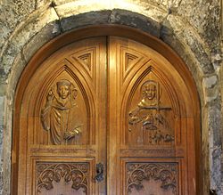 Paisley Abbey 20120410 door with St Mirin and St Columba.jpg