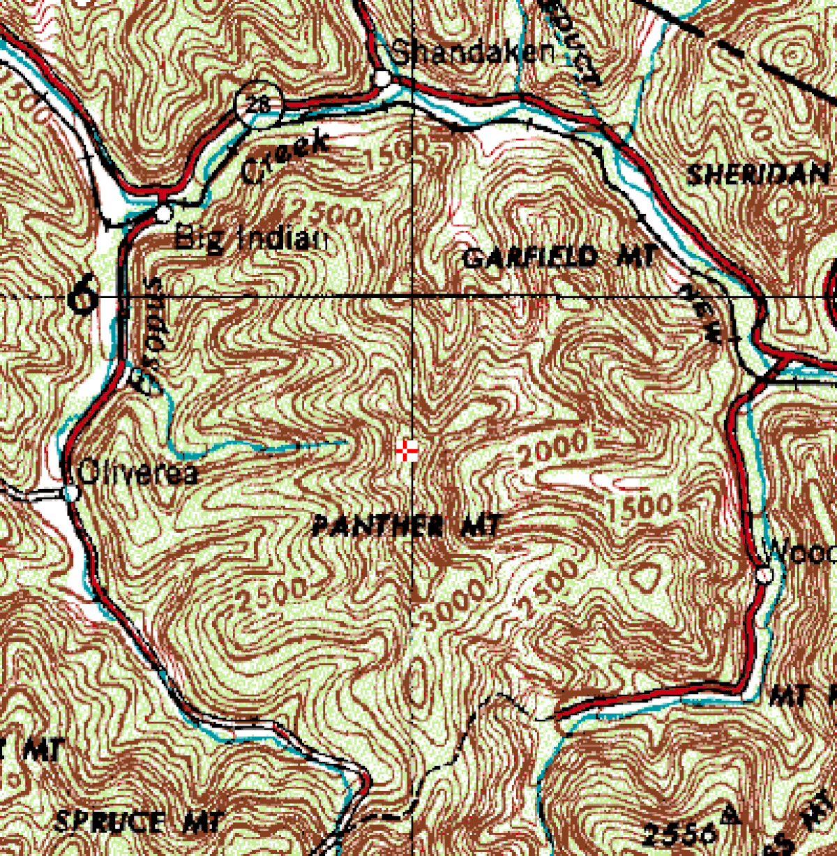 A green topographical map showing a nearly complete circular stream valley around Panther Mountain， accentuated by red lines indicating roads.