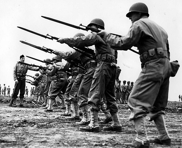 USMC directed fixed bayonet drill at Camp Peary NTC, VA in 1943.