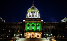 Pennsylvania State Capitol lit green to celebrate passage of medical cannabis legislation by the House of Representatives (March 16, 2016) Pennsylvania State Capitol Lit to Celebrate Passing of Medical Marijuana Legislation in the House (25227768464).jpg