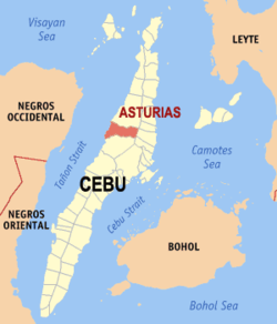 Mapa ng Cebu na nagpapakita sa lokasyon ng Asturias.