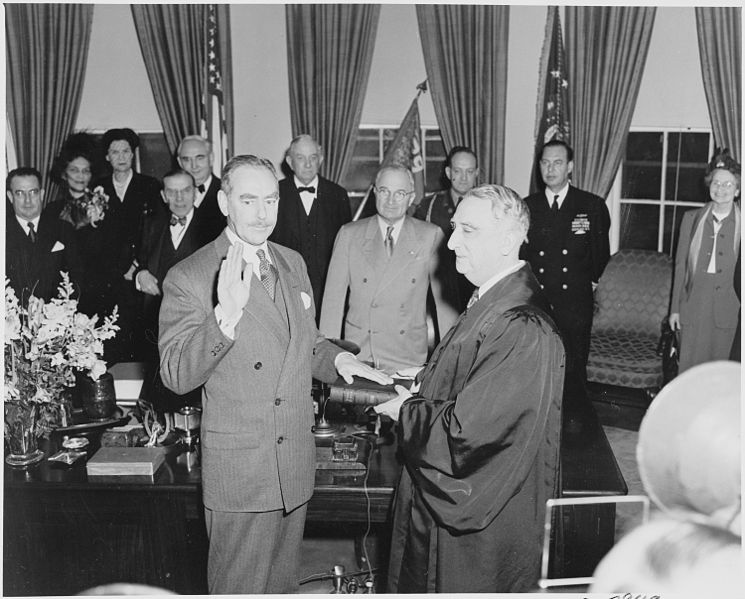 File:Photograph of Dean Acheson taking the oath of office as Secretary of State, with Chief Justice Fred Vinson... - NARA - 200077.jpg