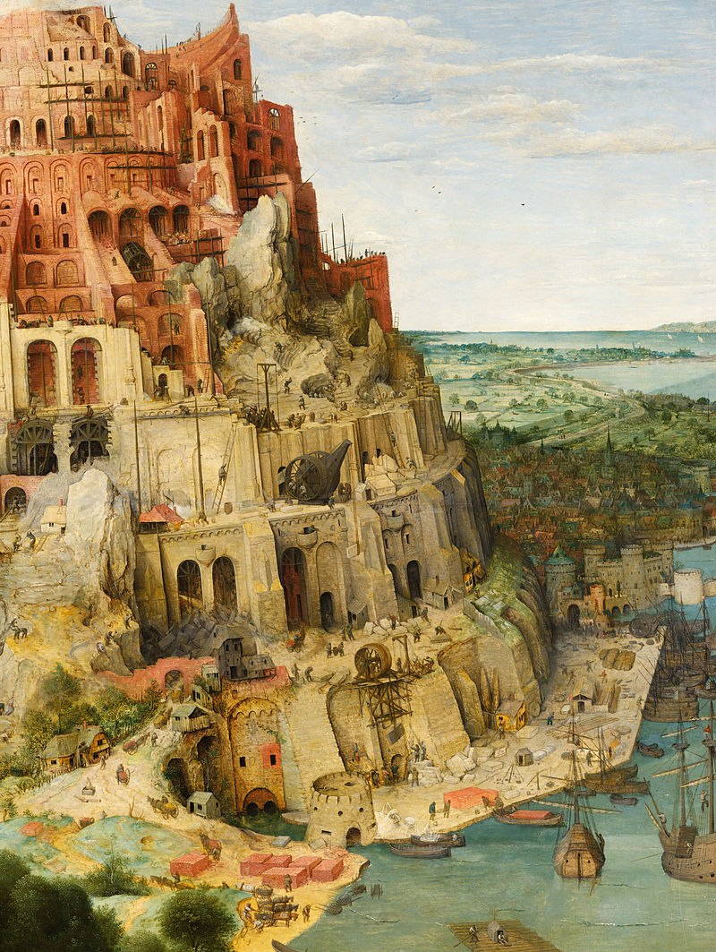Eine Teilansicht des Gemäldes "Der Turm zu Babel" von Pieter Bruegel dem Älteren von 1563. Zu sehen ist die rechte Hälfte des Turms.