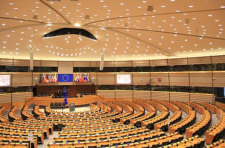 Plenarsaal des Europäischen Parlaments in Brüssel. Deutschland ist einer von 27 Mitgliedsstaaten der Europäischen Union.