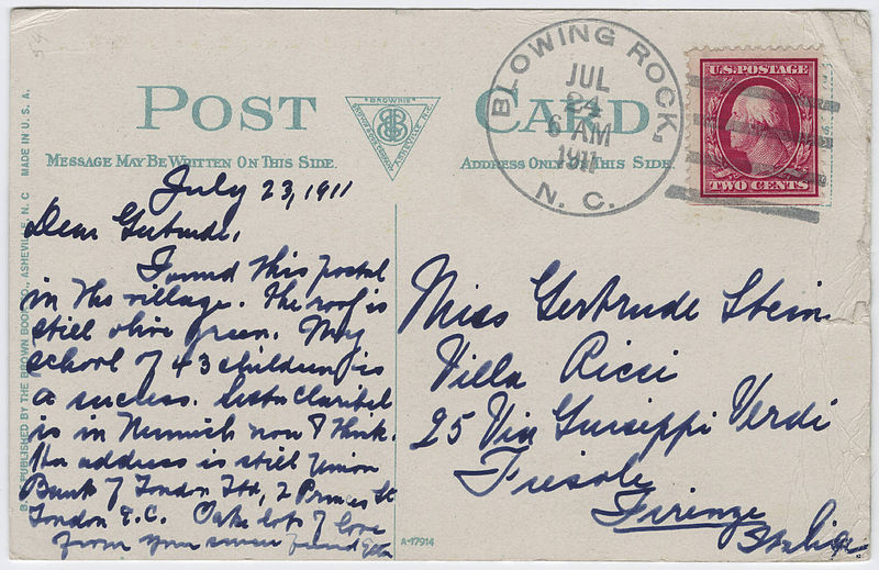 File:Postcard from Etta Cone to Gertrude Stein in Florence 23 July 1911.jpg