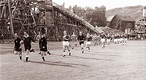 Maribor and Uljanik players before the promotion play-offs in 1961. Prihod nogometasev na igrisce na tekmi Maribor - Uljanik 1961.jpg