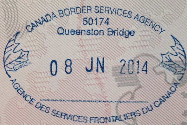 Canadian passport stamp from Queenston Bridge, showing the date 8 June 2014