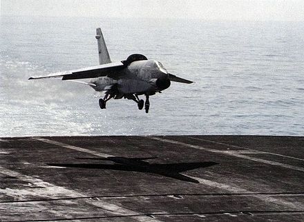 RF-8G Crusader about to catch the wire aboard Coral Sea during her WESTPAC cruise in 1982