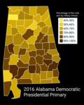 Results of the Democratic primary by county. Resultsofthe2016democraticpresidentialprimarybycounty.png