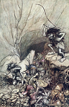 The dwarf Alberich (with whip) drives on the Nibelung dwarfs, who collect gold and other treasures. (Arthur Rackham, 1910) Rhinegold and the Valkyries p 044.jpg