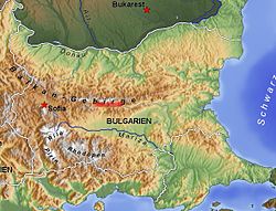 Červeně vyznačené Růžové údolí na mapě Bulharska