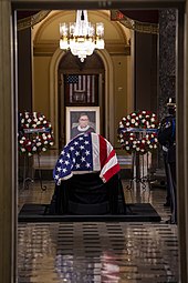 Ginsburg lay in state on September 25, 2020, at Statuary Hall in the United States Capitol. Ruth Bader Ginsburg Memorial (50401877182).jpg