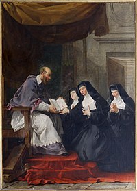 Saint François de Sales gir til Saint Joan of Chantal regelen av ordenen til Visitation Noël Hallé.jpg