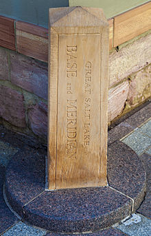 Initial point marker for Utah, located at the southeast corner of Temple Square in Salt Lake City. Salt lake city base and meridian.jpg