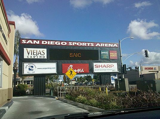 The sign as seen from the drive-thru of the Chick-fil-A in the parking lot San Diego Sports Arena sign.jpg