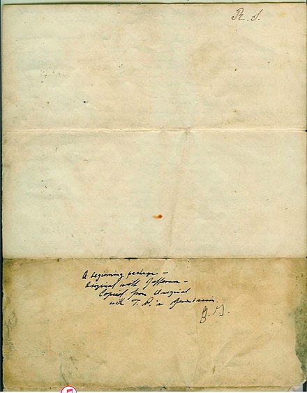 Inscription on reverse of Sherman Copy of the Declaration of Independence referencing "T.P." during the drafting process