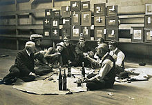 Society of Artists' Selection Committee, 1907 -- group of artists including Julian Ashton (left) and Norman Lindsay (5th from left). Society of Artists' Selection Committee, Sydney, 1907.jpg