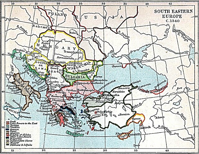 The Byzantine Empire and its neighbouring states in 1340.