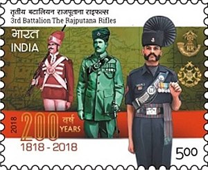 Postage stamp released in 2018 to commemorate the Bicentenary of the Third Battalion of Rajputana Rifles. Stamp of India - 2018 - Colnect 820147 - Bicentenary of the Rajputana Rifles.jpeg