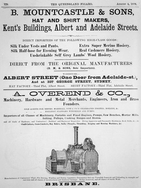 File:StateLibQld 1 116932 Two advertisements for clothing and machinery importers in the Queensland Figaro, 1888.jpg