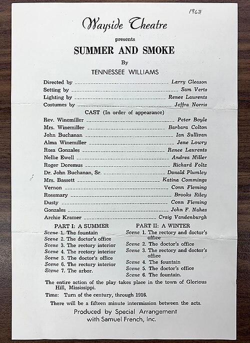 A program from Wayside Theatre listing Boyle as one of the actors in the 1963 production of Summer and Smoke