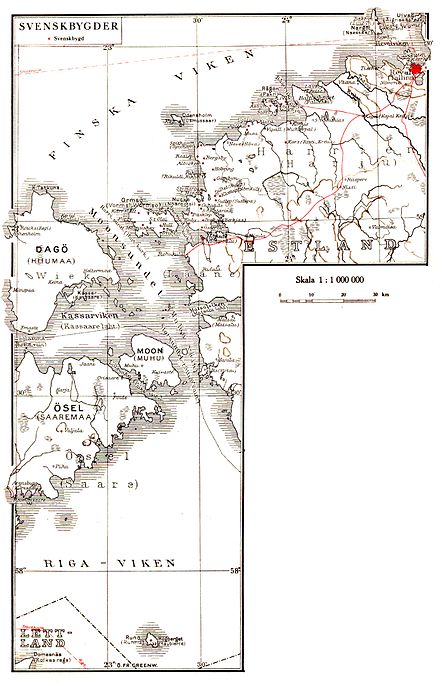 Aiboland 1930, indicating in red villages traditionally dominated by Swedish-speaking population ("svenskbygder"). Svenskbygder svatlas.jpg