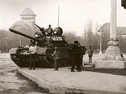 A Romanian TR-85 tank in December 1989 (Romania's TR-85 and TR-580 tanks were the only non-Soviet tanks in the Warsaw Pact on which restrictions were placed under the 1990 CFE Treaty[90])