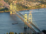 Aerial view of the Tacoma Narrows Bridge from Kitsap Peninsula shortly before opening of the new eastbound span; June 2007