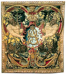 Tapestry with monogram "SA" of King Sigismund II Augustus of Poland/Lithuania, Brussels, c. 1555. Part of famous Jagiellonian tapestries, also known as the Wawel Tapestries or Wawel Arrases. Tapestry with the royal monogram of Zygimantas Augustas (King of Poland and Grand Duke of Lithuania), circa 1555 (2).jpg