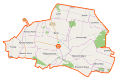 Mapa konturowa gminy Tczów, w centrum znajduje się punkt z opisem „Tczów”