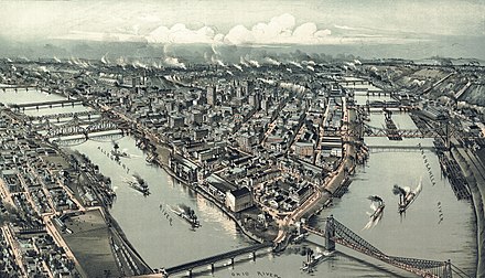 Pittsburgh in 1902. (Note: shows Pennsylvania RR railyards on southeast (right) side of Allegheny River.) Other yards are south of Monongahela River. Lithograph by Thaddeus Mortimer Fowler. Thaddeus M. Fowler - Pittsburgh, Pennsylvania 1902 (cropped).jpg