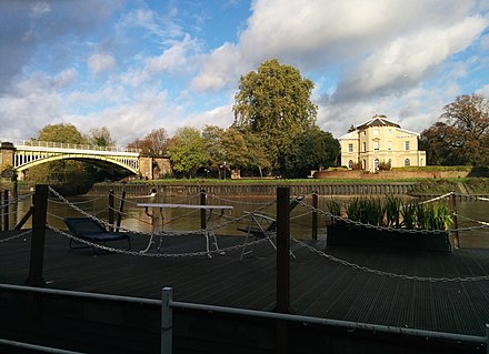 Asgill House and Richmond Railway Bridge viewed from a houseboat