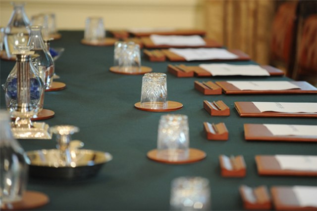 The cabinet table in the Cabinet Room at 10 Downing Street, official residence and office of the British Prime Minister in London