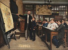 A painting by Alphonse-Marie-Adolphe de Neuville from 1887 depicting French students being taught about the lost provinces of Alsace-Lorraine, taken by Germany in 1871. The Geography Lesson or "The Black Spot".jpg