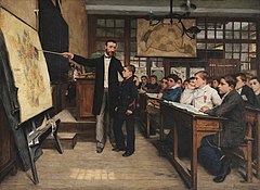 Alsace has been the subject of many conflicts. Here, a painting from 1887 depicting a child being taught about the "lost" province of Alsace-Lorraine in the aftermath of the Franco-Prussian War that is depicted in the colour black on a map of France.