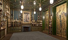 The Peacock Room, designed in the Anglo-Japanese style by James Abbott McNeill Whistler and Edward Godwin, one of the most famous and comprehensive examples of Aesthetic interior design The Peacock Room.jpg