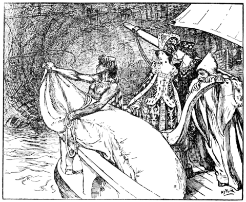 black and white illustration of a man on deck the of a ship opening a large sack over the edge from which fog is pouring out. The man has dark skin and is shirtless wearing a cap and a necklace of pointed beads which may be claws or fangs. Behind him stands a light skinned young man and woman the woman in ermine-and velvet robes with a matching hat and an old man in plain hooded robes grasping part of the ship.