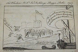 The Whisker's. Or Sr Jn Suckling's Bugga Boh's, a 1757 caricature ridiculing John Mordaunt on the Neptune and the aborted raid on Rochefort in September 1757 The Whisker's. Or Sr Jn Suckling's Bugga Boh's 1757 (caricature) RMG RV6425 (cropped).jpg