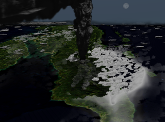 Illustration of what the Toba eruption might have looked like around 42 km above northern Sumatra.