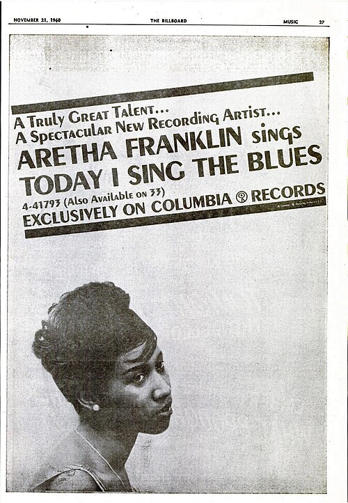 Billboard ad for Franklin's debut single, "Today I Sing the Blues", November 21, 1960