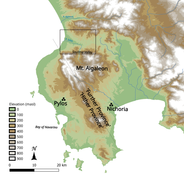 map of Messenia; Pylos, Nichoria and the Alpheios and Soulima valleys are labelled.