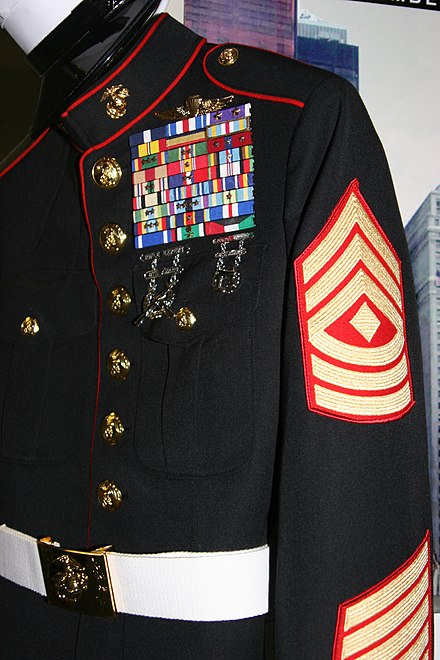 The highly decorated fake uniform worn by a man impersonating a "Marine" caught by two gunnery sergeants at Times Square in New York City, New York