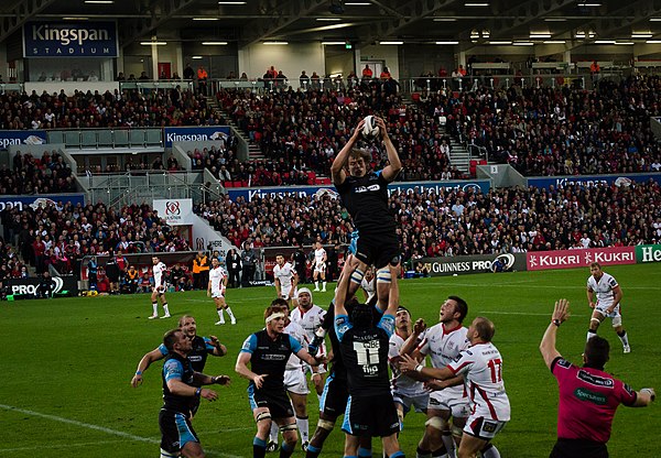 Ulster v Glasgow Warriors in October 2014 with the redeveloped main stand in the background.