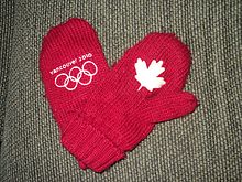 Red mittens sold by HBC for the 2010 Winter Olympics in Vancouver Vancouver 2010 red mittens HBC.JPG