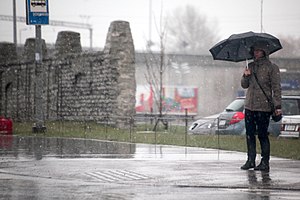 Vihmavarjuga jalakäija Sossi mäel Tallinnas. 2016. aasta aprill..jpg