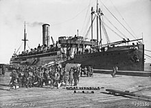 The diggers of the 3rd Pioneer Battalion prepare to board HMAT Wandilla at Port Melbourne, bound for the Western Front. 6 June 1916 Wandilla.jpeg