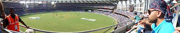 Panoramic shot of Wankhede Stadium during the 2011 Cricket World Cup Final between Sri Lanka and India.