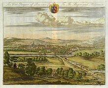 Perspective de Gloucester par Johannes Kip et Leonard Knyff (en), vers 1725. Elle met en évidence la chaussée et les ponts qui traversent les plaines d’inondation.