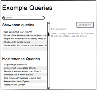 Wireframe showing a list of queries structured with headlines; in a right hand column there is space for more information